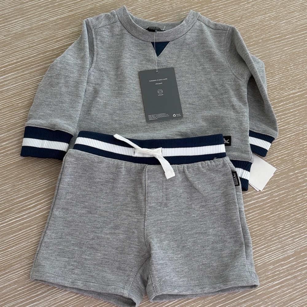 Eddie Bauer Grey Baby Boy Sweatshirt Hoodie and Shorts Set with Navy Trim 12 M - Picture 8 of 9